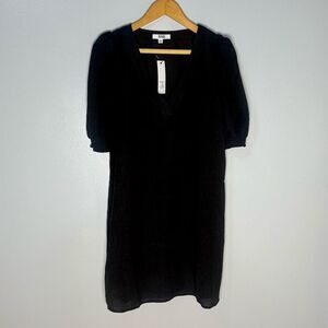 NEW Steve Madden Smocked Ruffle Puff Sleeve Black Mini Dress | L